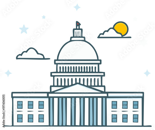 Illustration of United States Capitol Building Dome with Sky Elements in Cartoon Style