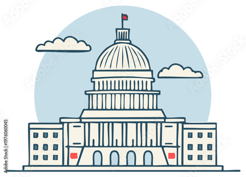 Capitol Building Illustration with Clouds and Sky in a Minimalist Style Architecture Landmark Symbol of Government