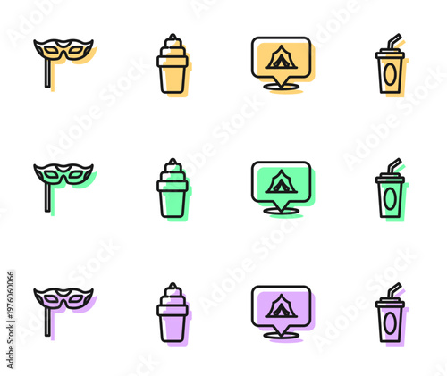 Set line Circus tent, Festive mask, Ice cream in waffle and Paper glass with water icon. Vector