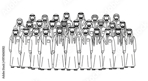 Group of Arab men in traditional attire, standing together in a line.