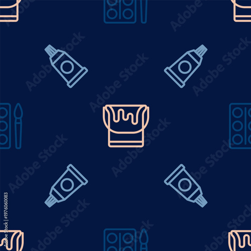 Set line Watercolor paints in box, Tube with palette and Paint bucket on seamless pattern. Vector