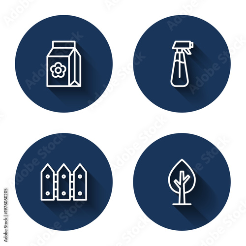 Set line Pack full of seeds, Garden sprayer for water, fence wooden and Tree with long shadow. Blue circle button. Vector