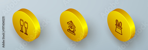 Set Isometric line Bowling pin, Attraction carousel and Magician hat and rabbit ears icon. Vector