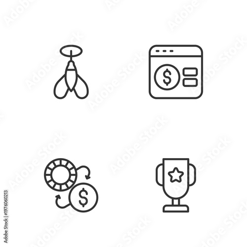 Set line Casino poker trophy cup, chips exchange, Dart arrow and Online table game icon. Vector