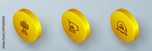 Set Isometric line Attraction carousel, Cannon and Circus tent icon. Vector