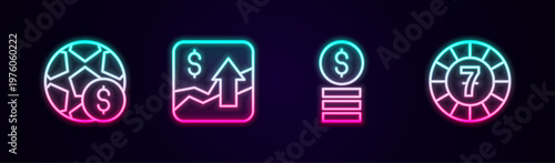 Set line Football betting money, Financial growth increase, Casino chip with dollar and chips. Glowing neon icon. Vector