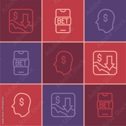 Set line Financial growth decrease, Lucky player and Online sports betting icon. Vector