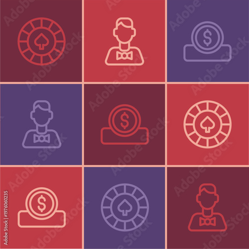 Set line Casino chips, Coin money with dollar and dealer icon. Vector