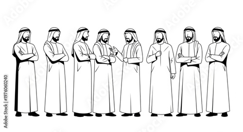 Group of Arab men in traditional attire standing together in a line.