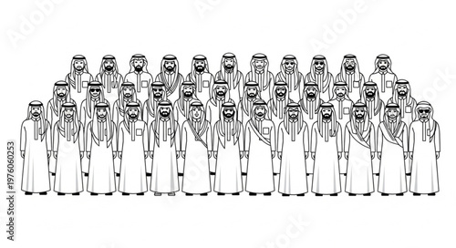 Group of Arab men in traditional attire standing together in a line.