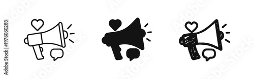 Social Media Marketing and Public Relations Icon Set, Megaphone with Heart and Chat Bubble Symbol, Engaging Announcements