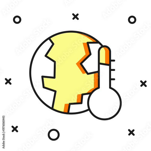 Filled outline Planet earth melting to global warming icon isolated on white background. Ecological problems and solutions - thermometer. Flat filled outline style with shadow. Vector