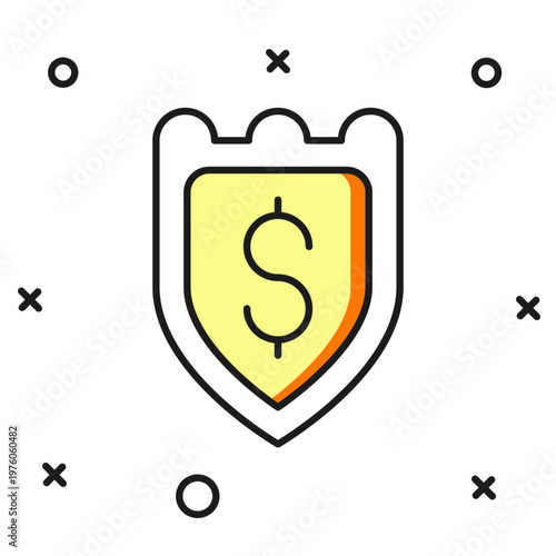 Filled outline Shield with dollar symbol icon isolated on white background. Security shield protection. Money security concept. Flat filled outline style with shadow. Vector