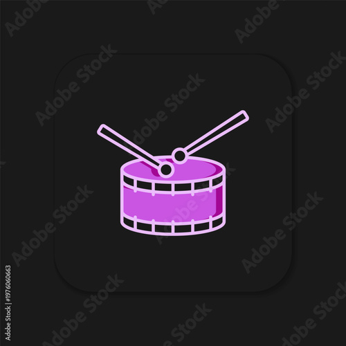 Filled outline Drum with drum sticks icon isolated on black background. Music sign. Musical instrument symbol. Flat filled outline style with shadow. Vector