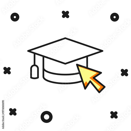 Filled outline Graduation cap with cursor icon isolated on white background. World education symbol. Online learning or e-learning concept. Flat filled outline style with shadow. Vector