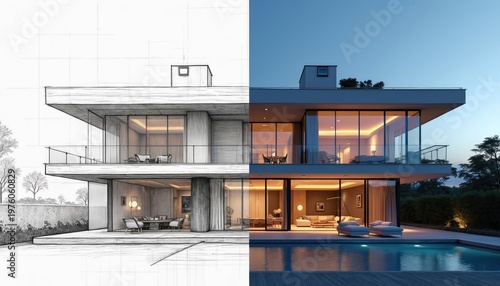 Architectural sketch meets modern villa design. Left side shows building plans, right side shows luxury house with pool. Conceptual evolution of construction project from paper to reality.