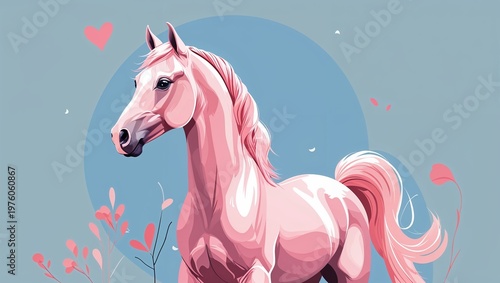 Soft pink horse on a pastel blue background in a clean decorative and smooth digital art style simple illustration