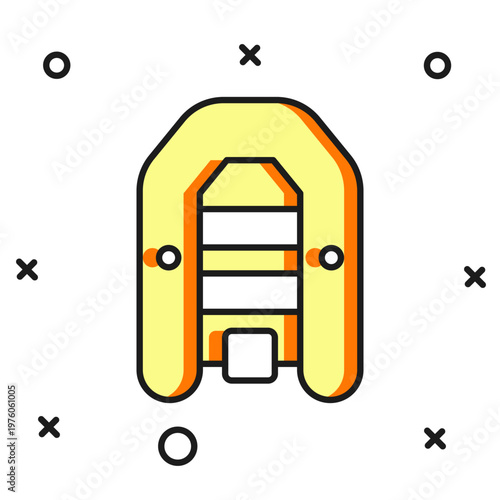 Filled outline Inflatable boat with outboard motor icon isolated on white background. Flat filled outline style with shadow. Vector
