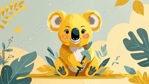 Golden yellow koala on a pastel yellow background in a clean decorative and smooth digital art style simple illustration