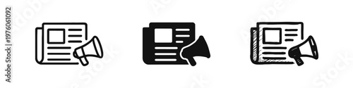 Public Announcement and News Media Icon Set, Press Release and Megaphone Symbol, Advertising and Communication