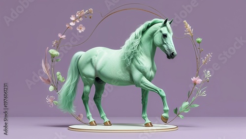 Mint green horse on a pale lavender background in a clean decorative and smooth digital art style simple illustration