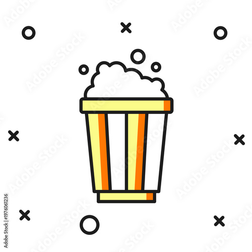 Filled outline Popcorn in cardboard box icon isolated on white background. Popcorn bucket box. Flat filled outline style with shadow. Vector