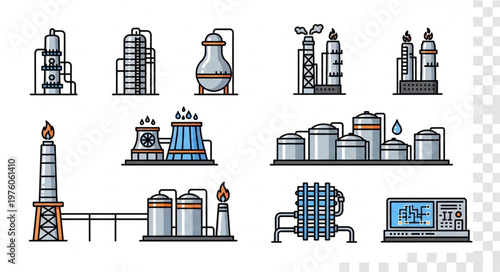 Pixel Art Oil Refinery and Industrial Plant Icons Set.