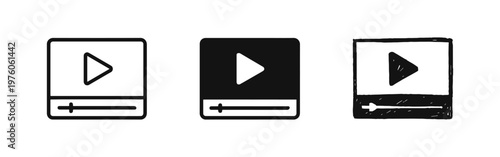 Video player icon set. Multimedia play button and progress bar symbols in line, glyph, and hand drawn styles.