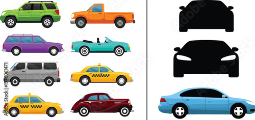 PrintColorful car collection and silhouette comparison set featuring various vehicle types, taxi, pickup, SUV, and sedan in flat vector style
