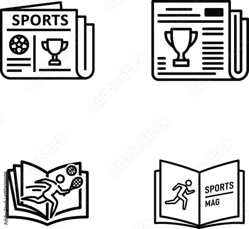 Sports newspaper and magazine icons set, black and white line art vector collection, athletic journalism and media publication symbols