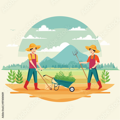Cheerful farmers actively cultivating a bountiful field, demonstrating dedication to sustainable farming practices and the joy of working the land