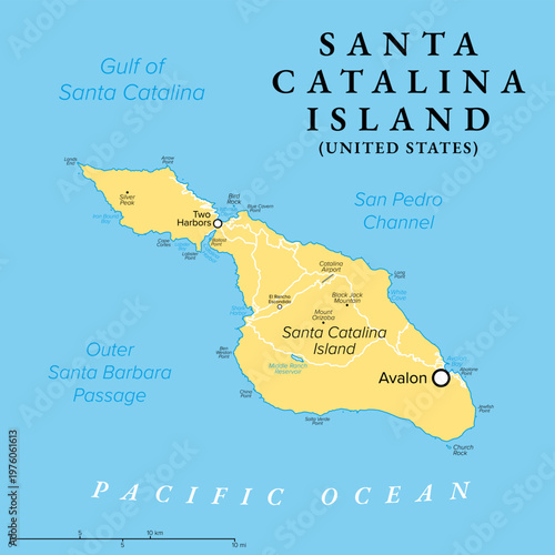 Santa Catalina Island, United States, political map with the city Avalon. Catalina, a rocky island and part of the Channel Islands, off the coast of Southern California, in the Pacific Ocean. Vector