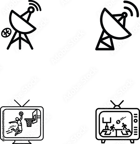 Satellite dish and television broadcast icons, sports media communication set, basketball and tennis game on retro TV screens, vector line art