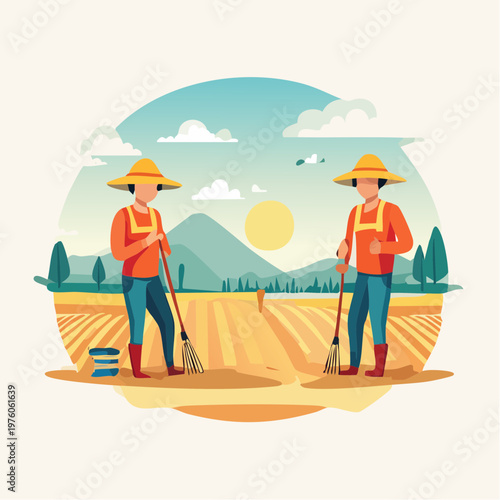 Illustrative concept depicting two diligent farmers cultivating fertile land, symbolizing agricultural labor, teamwork, and the spirit of a bountiful rural harvest