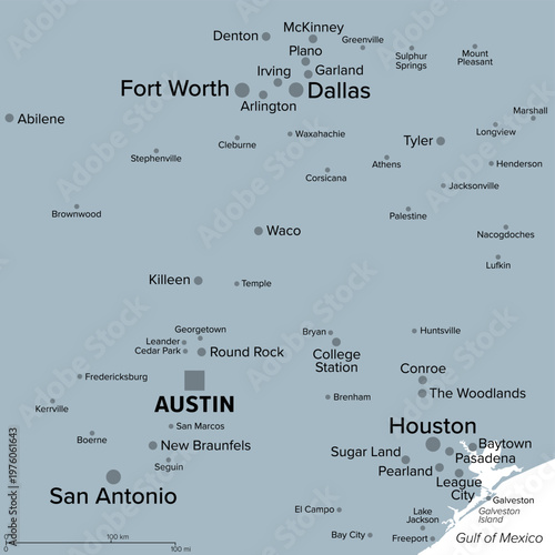 Texas Triangle Megaregion, United States, gray political map. Texas five largest cities and metros Houston, San Antonio, Dallas, Fort Worth and capital Austin forming a triangle shaped cluster. Vector