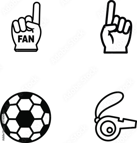 Soccer fan equipment vector icons set, foam finger with fan text, football ball and referee whistle, black and white sports championship graphics