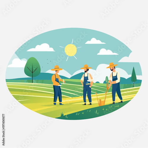 Team of dedicated farmers working together in a lush, green agricultural field under a bright, sunny sky, symbolizing sustainable food production and rural community effort