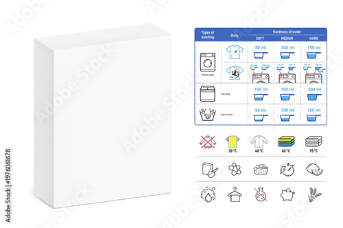 Cardboard box packaging for powder laundry detergent mockup with set icons.Vector illustration on white background. Can be use for your design, packaging, presentation. EPS10.
