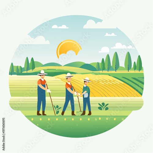 Generational farmers, including a child, working in a vibrant field, illustrating sustainable agriculture, family teamwork, and rural growth concepts