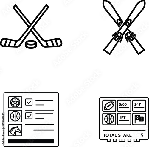Sports betting line icons set, 4 vector elements for gambling and winter athletics, hockey sticks and skis with betting slips and wagering tickets