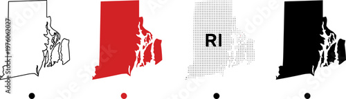 Rhode Island map outlines in black contour, red silhouette, halftone pattern with RI letters, solid design variations, geographic identity, vector illustration