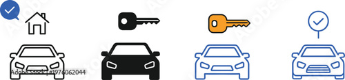 PrintCar access and vehicle ownership icon set featuring smart key, home parking, approval, security, and automotive control concepts in modern style