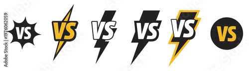 Versus icons with lightning bolt, dynamic VS symbol pack, game battle, competition match, sports duel, esports graphic design elements, vector set