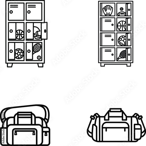 Minimalist sports locker icons and gym bag vector set, black and line art athletic equipment storage, school changing room lockers with balls
