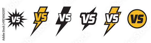 Versus icons with lightning bolt, dynamic VS symbol pack, game battle, competition match, sports duel, esports graphic design elements, vector set