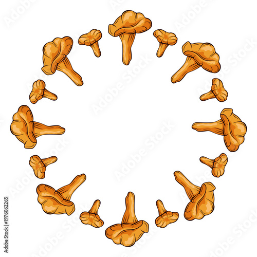 Wreath with chanterelle mushroom in cartoon. Decorative forest food composition isolated on white background for menu design, organic packaging and culinary theme.
