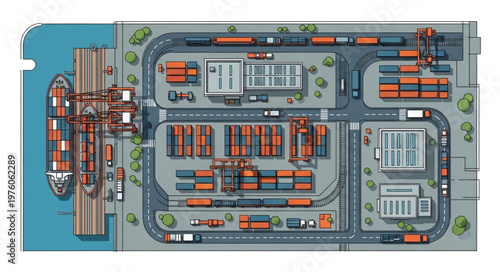 Detailed Illustration of a Busy Container Port Operation.