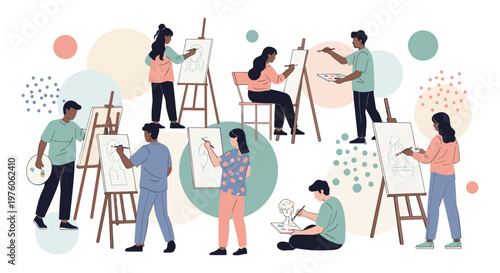 Diverse group of people painting on easels in colorful playful lighting for art education