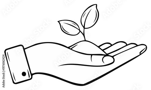 Black and white line drawing of a hand holding a small seedling in soil representing growth and care