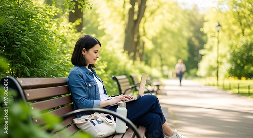 Woman works on laptop in sunlit park; water bottle, tote bag nearby; path leads to blurred figure